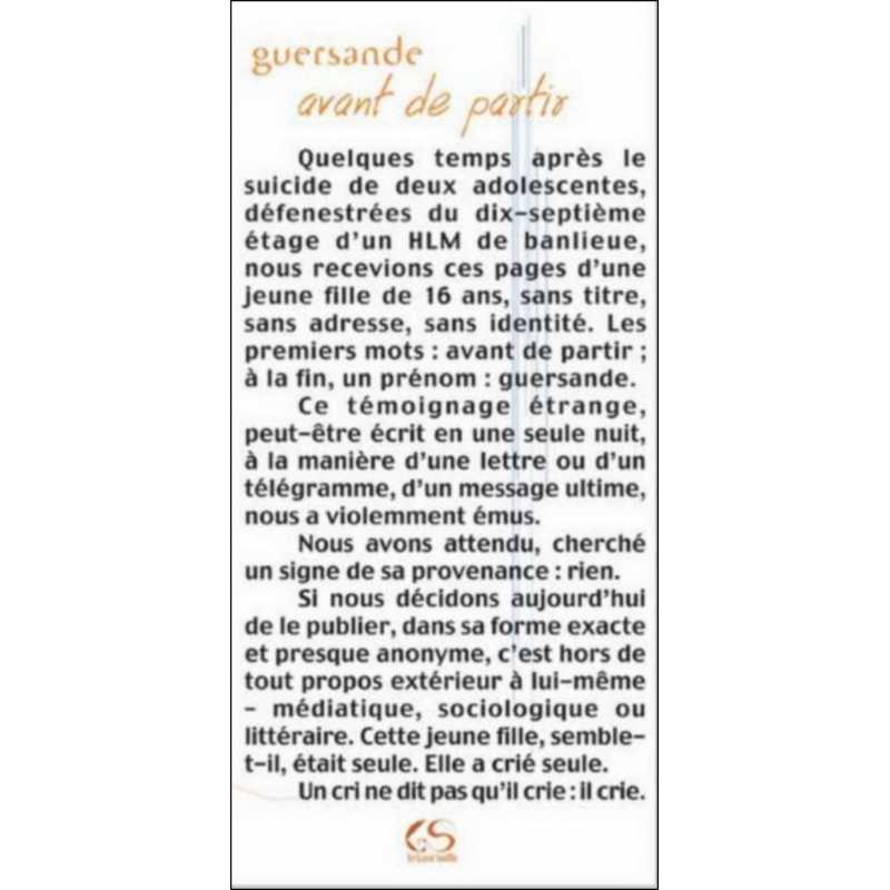 Avant de partir de Guersande Ed. Le Grand Souffle | 9782952076050 |