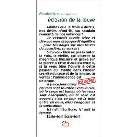 Éclosion de la louve de Elisabeth Ed. Le Grand Souffle | 9782916492292 |