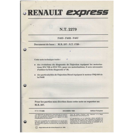 Notice Technique Renault Moteurs E7J et F8Q (NT 2279) | 7711173686 |