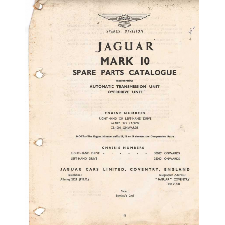 Spare Parts Catalogue for JAGUAR Mark 10 Models (Original) | Jaguar Mark |