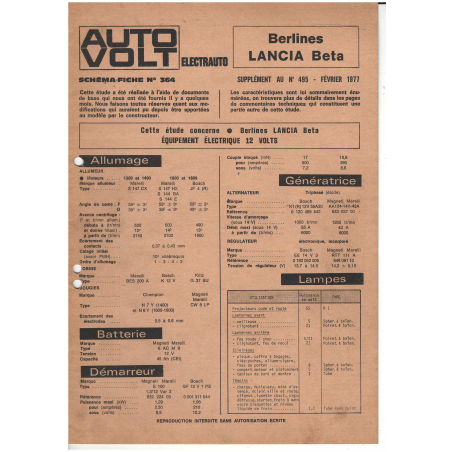 Lancia Beta Berline Documentation Electrique (1977) - 25 Pages | LAN38 |
