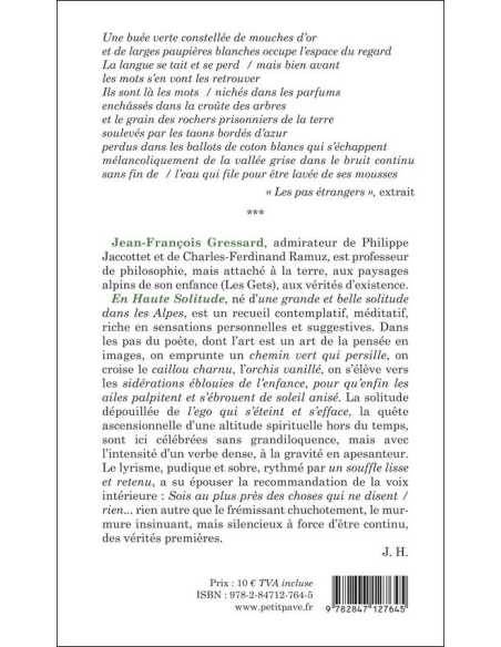 En haute solitude De Jean-François Gressard Ed. Petit Pavé | 9782847127645 |