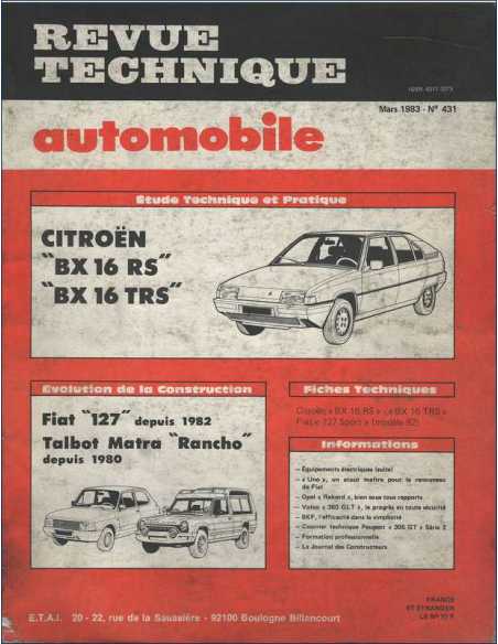 Revue Technique Citroën BX 16 RS et TRS - RTA 431 | RTA 431 |