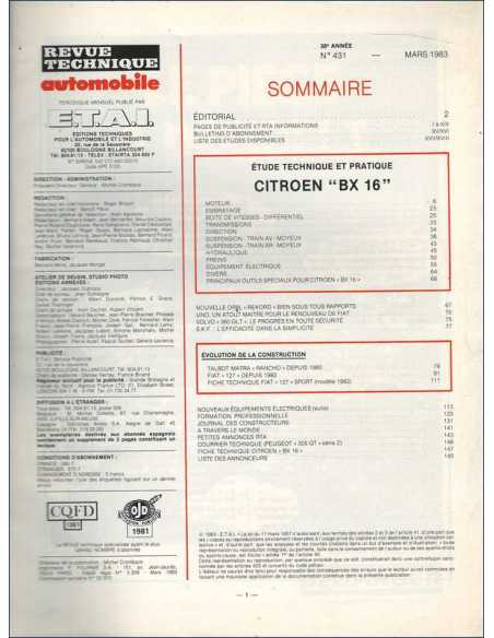 Revue Technique Citroën BX 16 RS et TRS - RTA 431 | RTA 431 |
