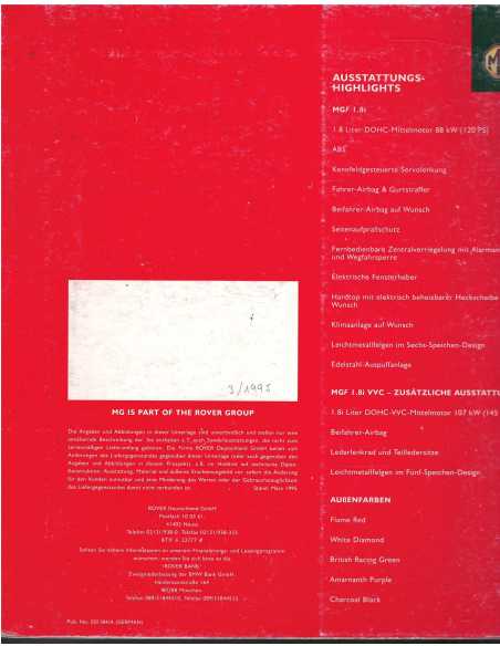 Brochure / Dépliant MGF 1995 - 1.8i DOHC-Mittelmotor (Allemand) | MG10 |