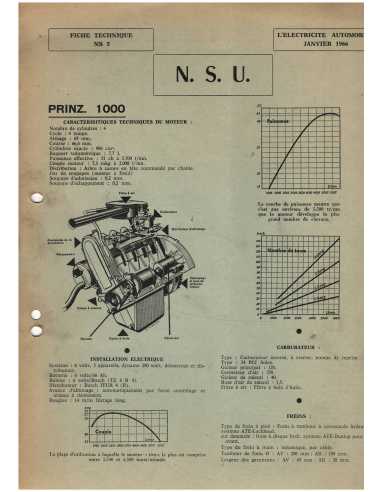 NSU PRINZ 1000 Fiche Technique Electricité (Moteur NSU/Wankel) Français 1966 | Fiche Technique NSU PRINZ |