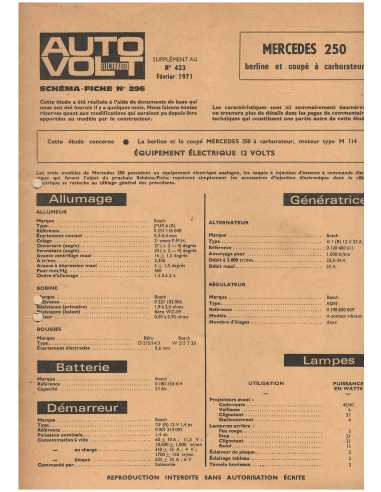 Mercedes 250 à Carburateur - Schéma-Fiche Electrique (Français) 1971 | Fiche Technique Mercedes 250 |