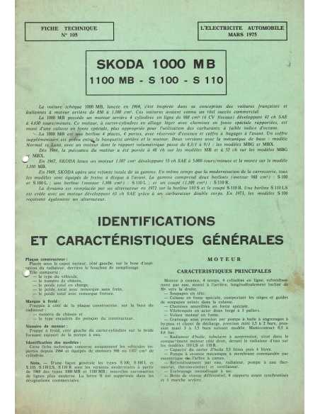 FICHE TECHNIQUE ELECTRICITE SKODA 1000 MB N° 105 03/1975 | Schema fiche  105 |