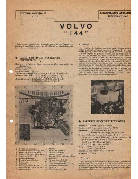 FICHE TECHNIQUE ELECTRICITE VOLVO 144 N° 22 09/1967 | Schema fiche  22 |