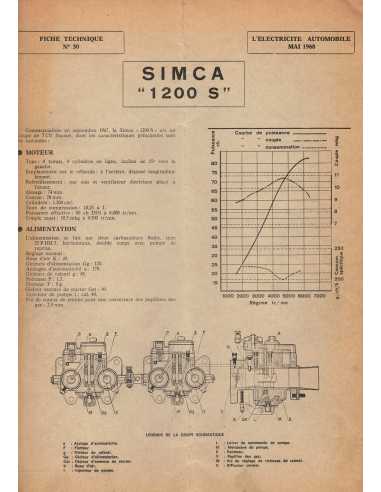 FICHE TECHNIQUE ELECTRICITE SIMCA 1200 S N° 30 05/1968 | Schema fiche  30 |