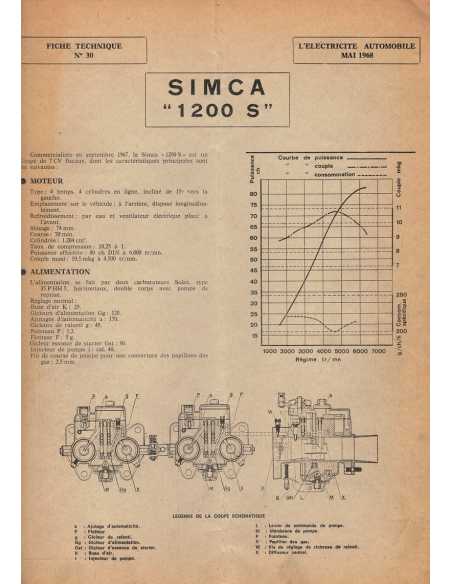 FICHE TECHNIQUE ELECTRICITE SIMCA 1200 S N° 30 05/1968 | Schema fiche  30 |