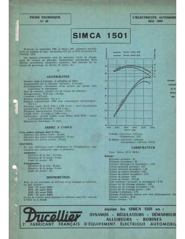 FICHE TECHNIQUE ELECTRICITE SIMCA 1501 N° 40 05/1969 | Schema fiche  40 |