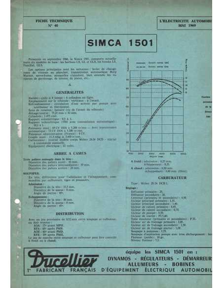 FICHE TECHNIQUE ELECTRICITE SIMCA 1501 N° 40 05/1969 | Schema fiche  40 |