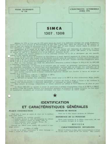 FICHE TECHNIQUE ELECTRICITE SIMCA 1307 1308 N° 118 04/1976 | Schema fiche  118 |