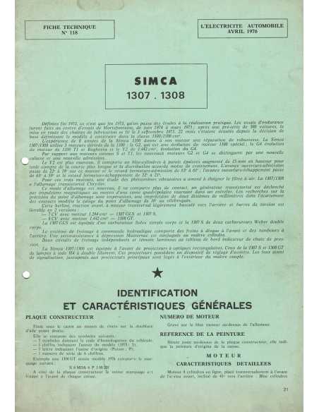 FICHE TECHNIQUE ELECTRICITE SIMCA 1307 1308 N° 118 04/1976 | Schema fiche  118 |