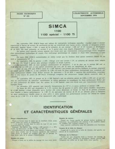 FICHE TECHNIQUE ELECTRICITE SIMCA 1100 - 100 Spécial - 1100 TI N° 101 11/1974 | Schema fiche  101 |