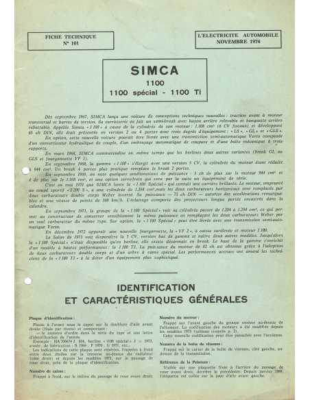 FICHE TECHNIQUE ELECTRICITE SIMCA 1100 - 100 Spécial - 1100 TI N° 101 11/1974 | Schema fiche  101 |