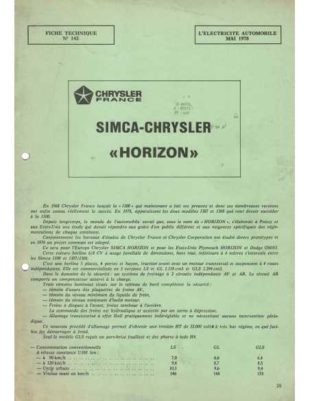FICHE TECHNIQUE ELECTRICITE SIMCA-CHRYSLER HORIZON N° 142 05/1978 | Schema fiche  142 |