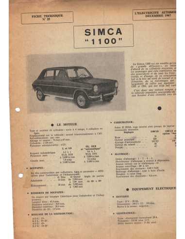FICHE TECHNIQUE ELECTRICITE SIMCA 1100 N° 25 12/1967 | Schema fiche  25 |