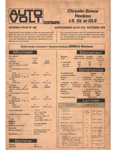 SCHEMA-FICHE AUTO-VOLT CHRYSLER-SIMCA LS/GL/GLS N° 382 10/1978 | Schéma Fiche 382 |