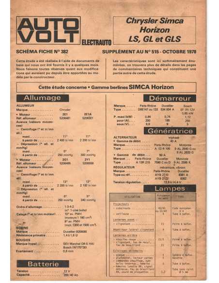 SCHEMA-FICHE AUTO-VOLT CHRYSLER-SIMCA LS/GL/GLS N° 382 10/1978 | Schéma Fiche 382 |