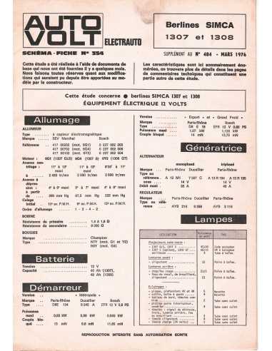 SCHEMA-FICHE AUTO-VOLT SIMCA 1307 et 1308 N° 484 03/1976 | Schéma Fiche 354 |