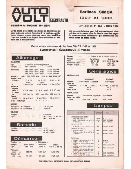SCHEMA-FICHE AUTO-VOLT SIMCA 1307 et 1308 N° 484 03/1976 | Schéma Fiche 354 |