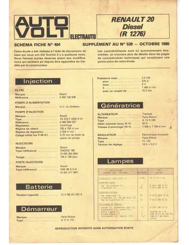 SCHEMA-FICHE AUTO-VOLT RENAULT 20 R1276 N° 404 10/1980 | Schéma Fiche 404 |