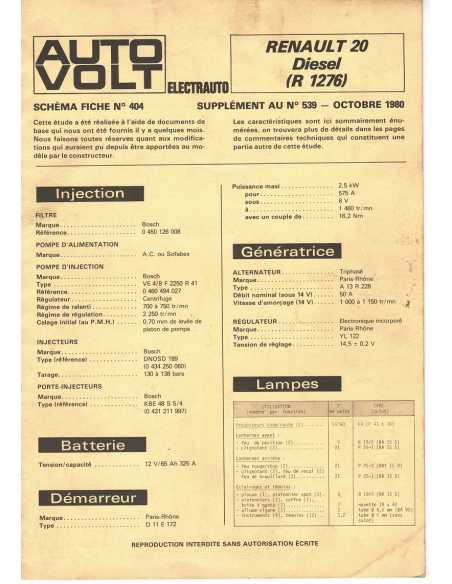 SCHEMA-FICHE AUTO-VOLT RENAULT 20 R1276 N° 404 10/1980 | Schéma Fiche 404 |