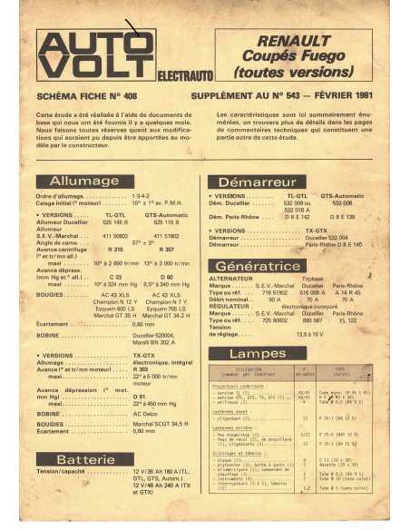 SCHEMA-FICHE AUTO-VOLT RENAULT FUEGO COUPES N° 408 02/1981 | Schéma Fiche 408 |