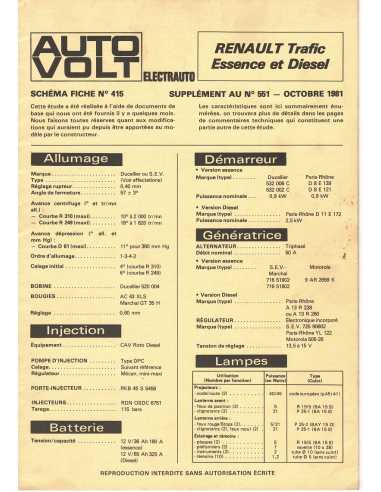SCHEMA-FICHE AUTO-VOLT RENAULT TRAFIC N° 415 10/1981 | Schéma Fiche 415 |