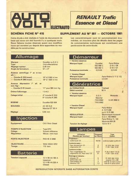 SCHEMA-FICHE AUTO-VOLT RENAULT TRAFIC N° 415 10/1981 | Schéma Fiche 415 |