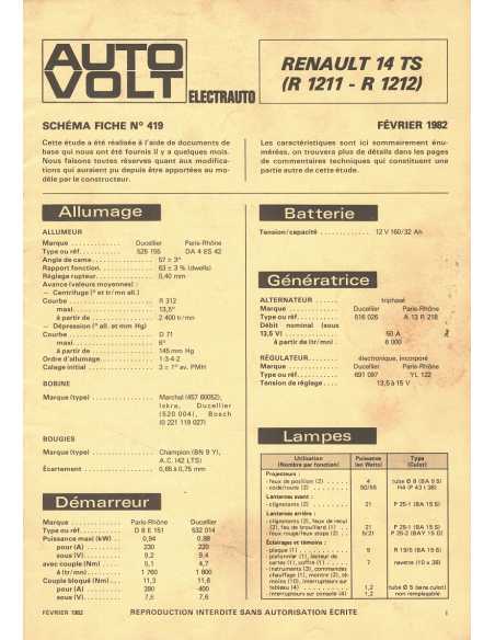 SCHEMA-FICHE AUTO-VOLT RENAULT 14 TS N° 419 02/1982 | Schéma Fiche 419 |