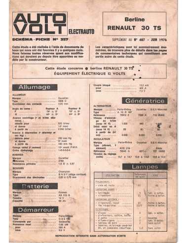 SCHEMA-FICHE AUTO-VOLT RENAULT 30 TS N° 357 06/1976 | Schéma Fiche 357 |