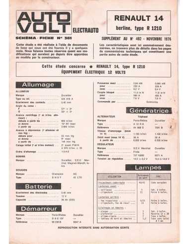 SCHEMA-FICHE AUTO-VOLT RENAULT 14 N° 361 11/1976 | Schéma Fiche 361 |