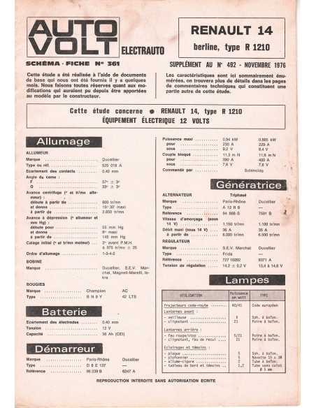 SCHEMA-FICHE AUTO-VOLT RENAULT 14 N° 361 11/1976 | Schéma Fiche 361 |