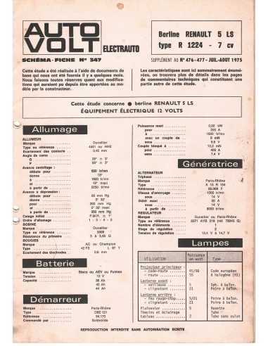 SCHEMA-FICHE AUTO-VOLT RENAULT 5 LS N° 347 06/1975 | Schéma Fiche 347 |