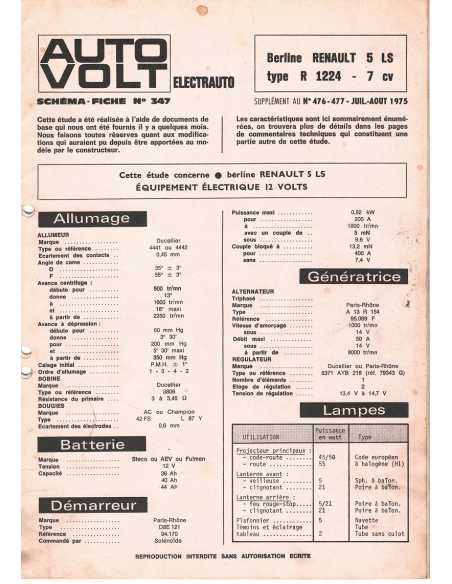 SCHEMA-FICHE AUTO-VOLT RENAULT 5 LS N° 347 06/1975 | Schéma Fiche 347 |