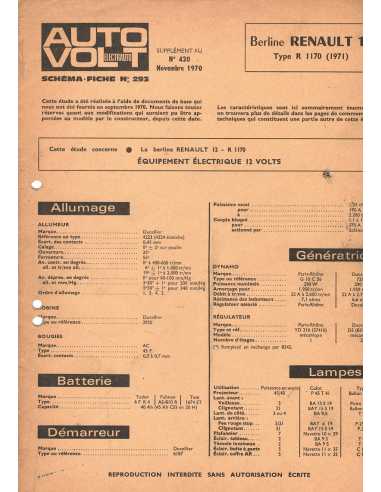 SCHEMA-FICHE AUTO-VOLT RENAULT 12 N° 293 11/1970 | Schéma Fiche 293 |