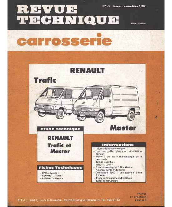 Revue Technique Carrosserie Renault Trafic et Master N°77 | RTC 77 |