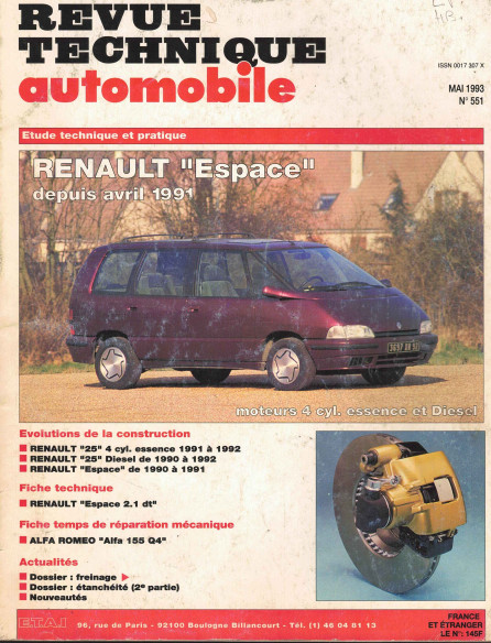Revue technique Automobile RENAULT Espace Essence et Diesel (4 cylindres) | RTA551 |