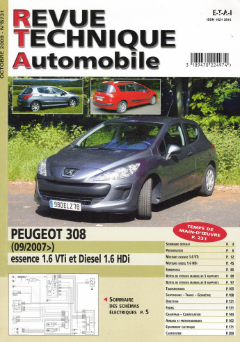Revue technique Automobile PEUGEOT 308 1.6l Essence et Diesel | RTA B731 |