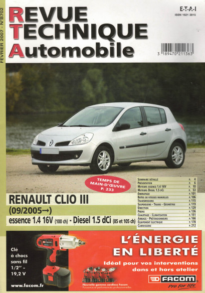 Revue technique Automobile RENAULT Clio 3 Essence et Diesel depuis 09/2005 | RTA B702 |