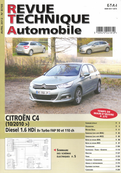 Revue technique Automobile CITROEN C4 1.6 HDi 8v Turbo FAP depuis 10/2010 | RTA B759 |