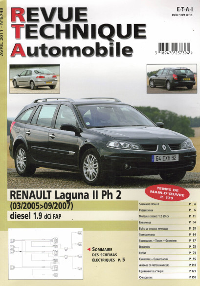Revue technique Automobile RENAULT Laguna 2 Phase 2 Diesel 1.9 DCi FAP | RTA B748 |