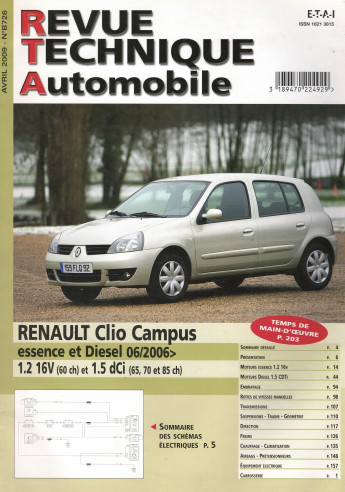 Revue technique Automobile RENAULT Clio Campus Essence 1.2 et Diesel 1.5 depuis 06/2009 | RTA B726 |