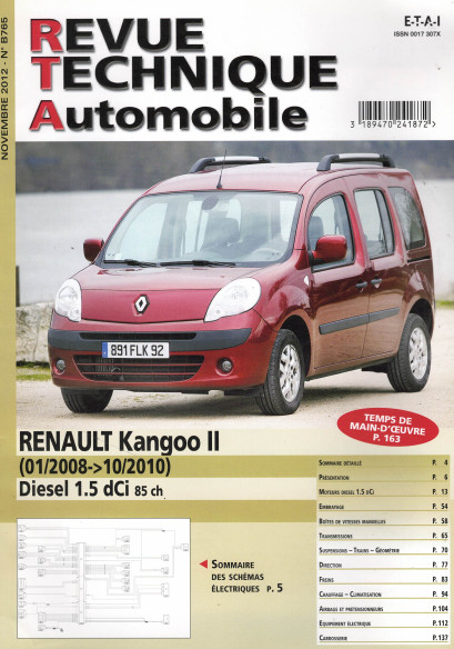 Revue technique Automobile RENAULT Kangoo Diesel 1.5 DCi 85ch | RTA B726 |