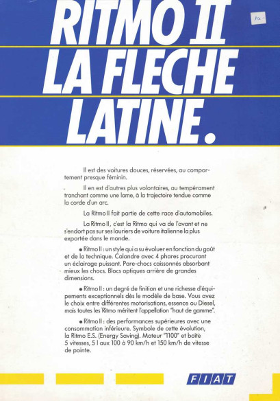 Brochure FIAT RITMO 2 (12/1984) Français | FIAT60 - Ref: 99 520 202 |