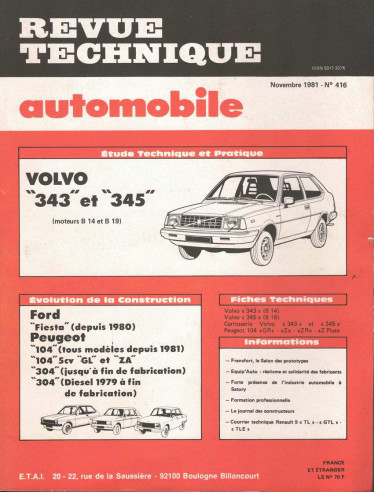 Revue Technique Automobile VOLVO 343 et 345 - MOTEURS B14 et B19 | RTAANC416 |