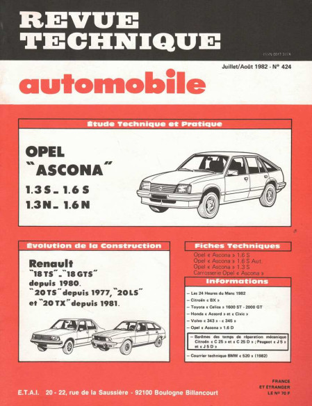 Revue Technique Automobile OPEL ASCONA - L,GL,SR et BERLINA | RTAANC424 |
